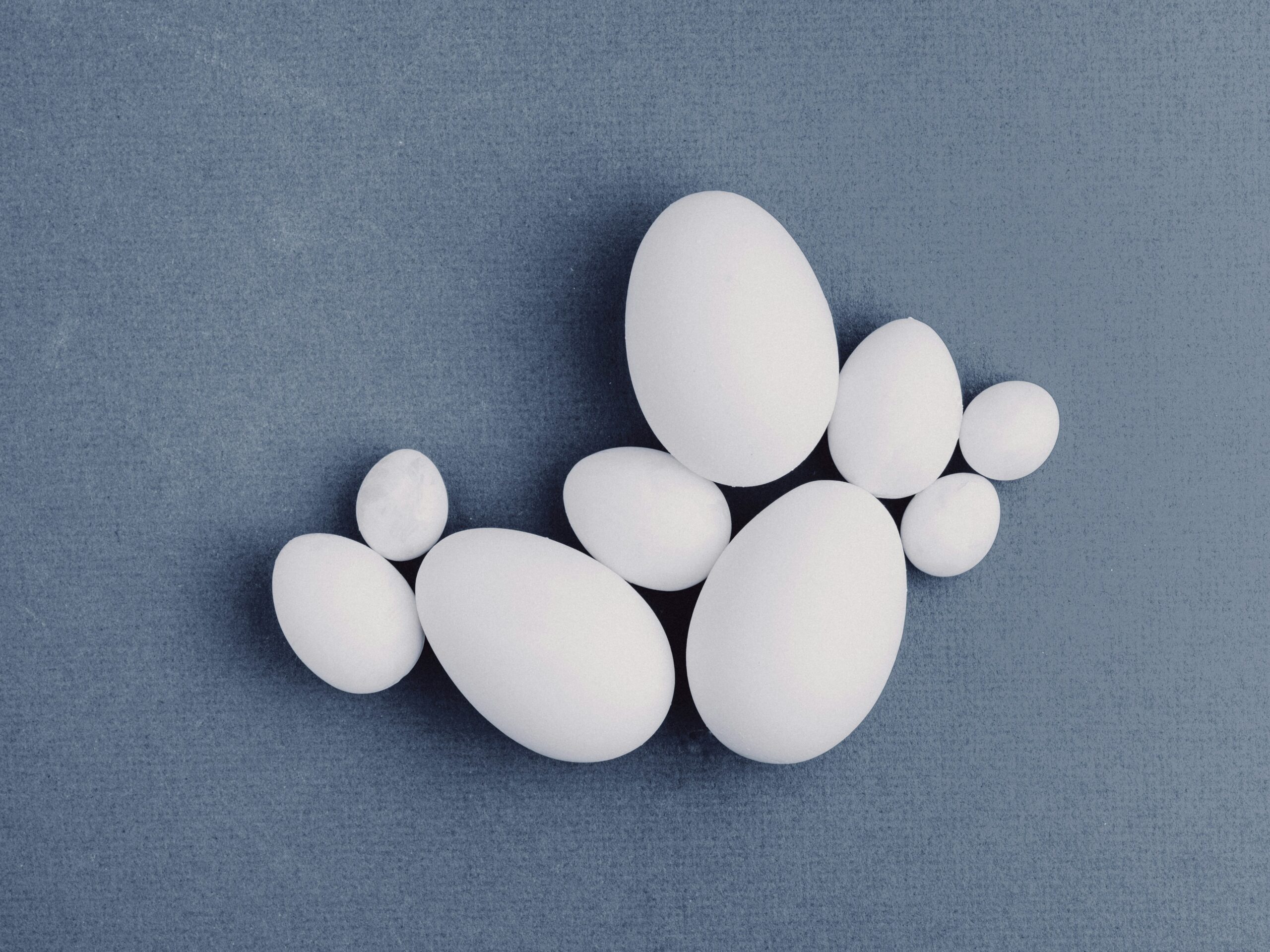 A selection of eggs clusters tastefully against a blue-grey background. They are all white, but vary in size. The difference between the smallest and the largest is appreciable, but still nowhere near the size gap between the short story you tried to write and the six-book series you ended up with.